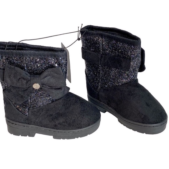 New Bebe Girls Black with Glitter and Bow Faux Suede Boots Size 7 Faux Fur Linin - Picture 3 of 10